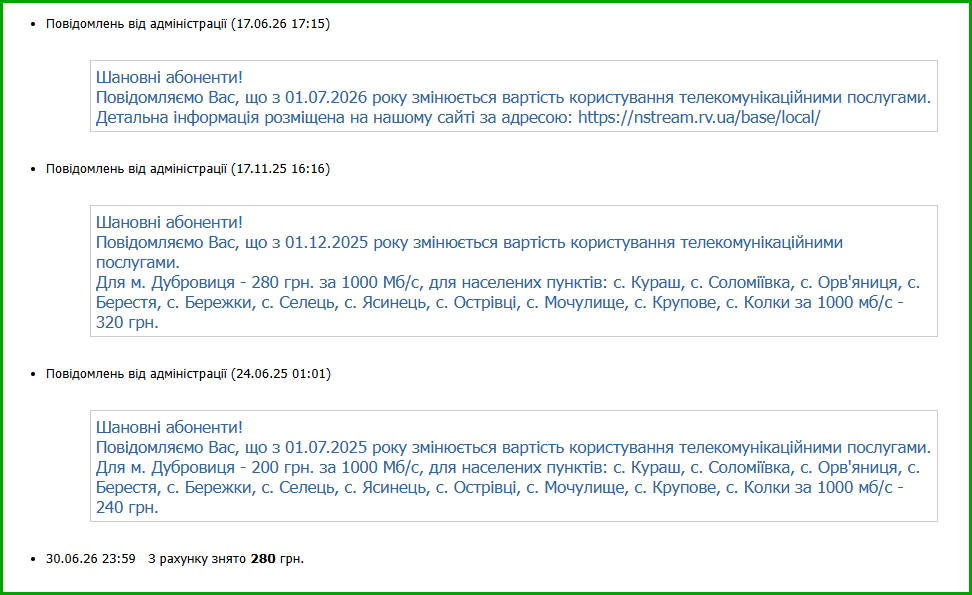Тенденція зростання тарифів від «Енстрім» упродовж останнього року: хронологія офіційних повідомлень про підвищення вартості послуг